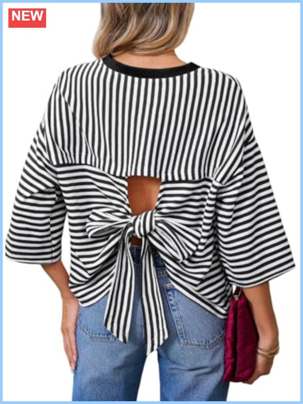 Striped Tie Back Short Sleeve Tee Crewneck Casual Loose Oversized Viscose Blend
